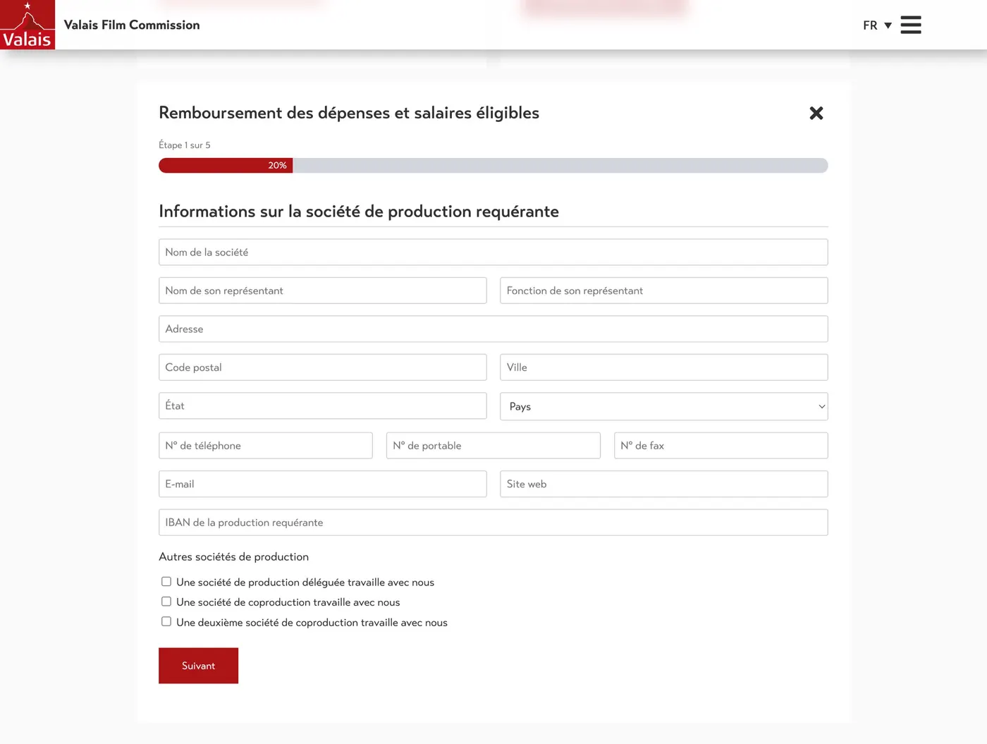 Formulaire de remboursement des dépenses de la Valais Film Commission.